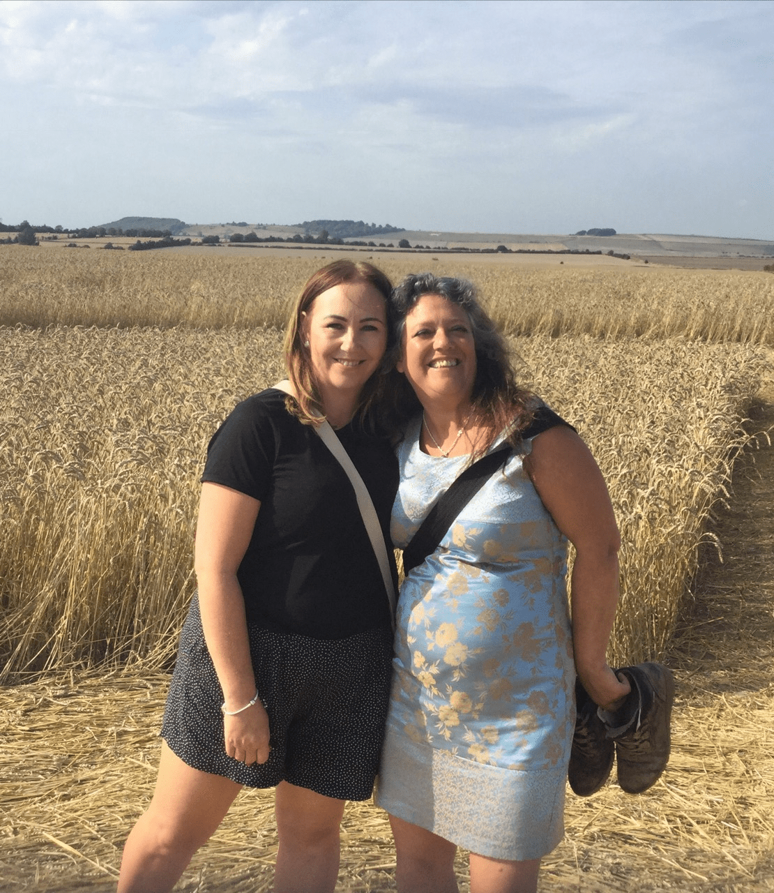 Margaret & Cousin Mel, Crop formation Etchilhampton hill 2019