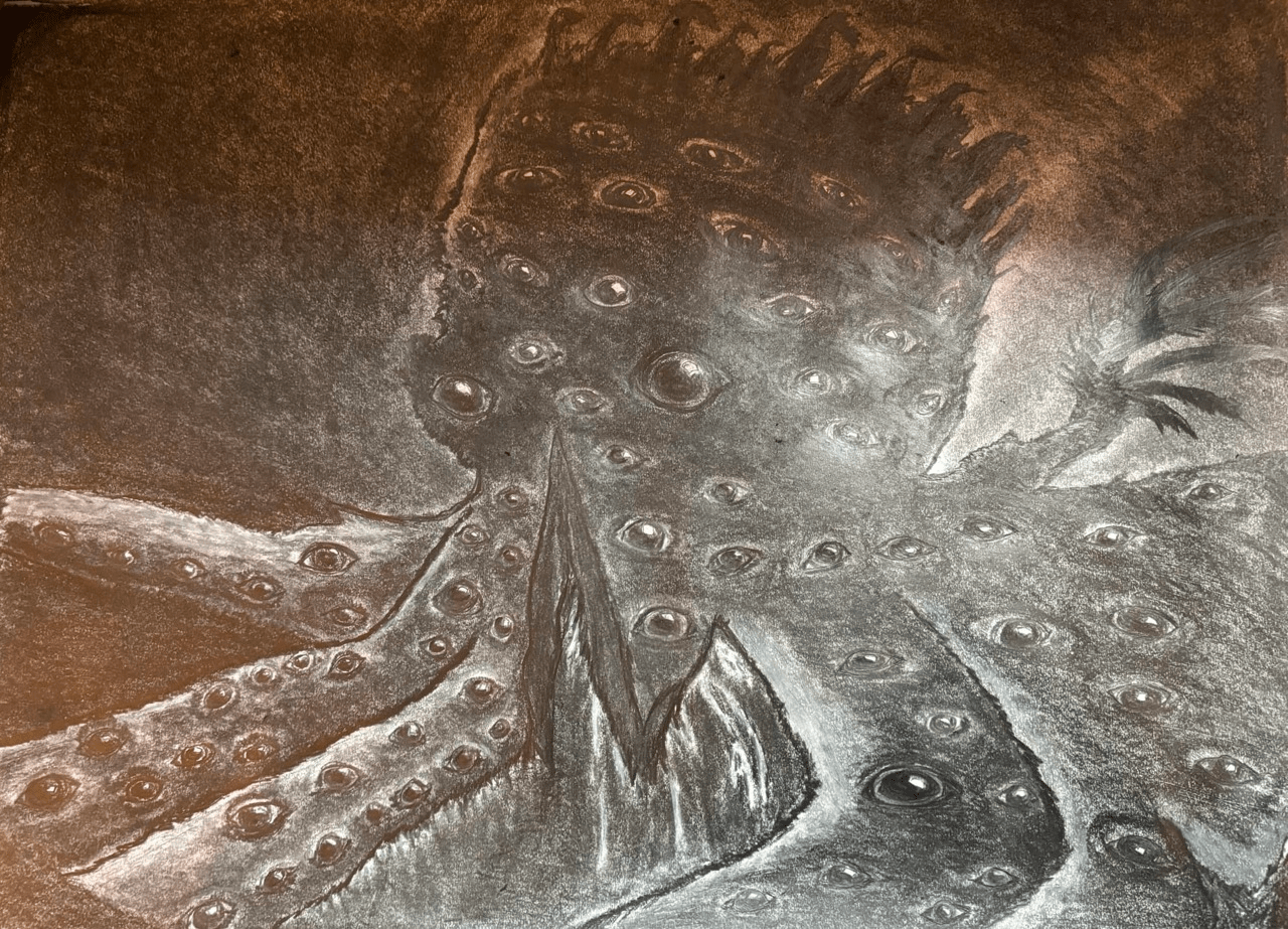 It looked like a dark brown octopus, its tentacles covered in watchful eyeballs. At first, it seemed asleep, but the moment it sensed me, it sprang to life with unsettling energy. (Illustration by Stacy Sparke)