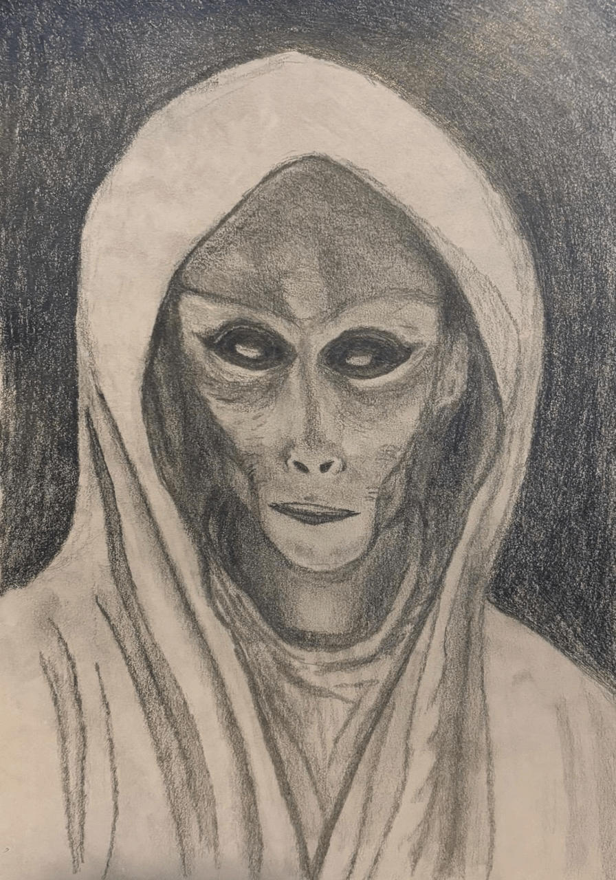 I telepathically invited him closer. As he placed a gentle hand on my head, I felt flooded with serenity and a deep connection to the universe. (Illustration by Stacy Sparke)