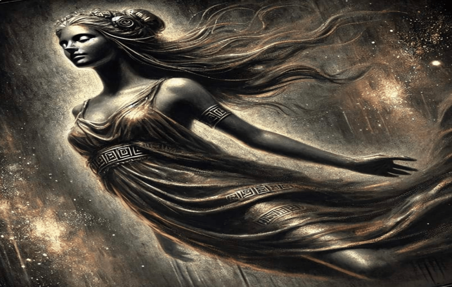A slender, feminine hand clasped mine, guiding me through a portal as I tried to see her face. A gentle gesture urged me to look away, leaving me in awe of her mesmerizing dark bronze form.