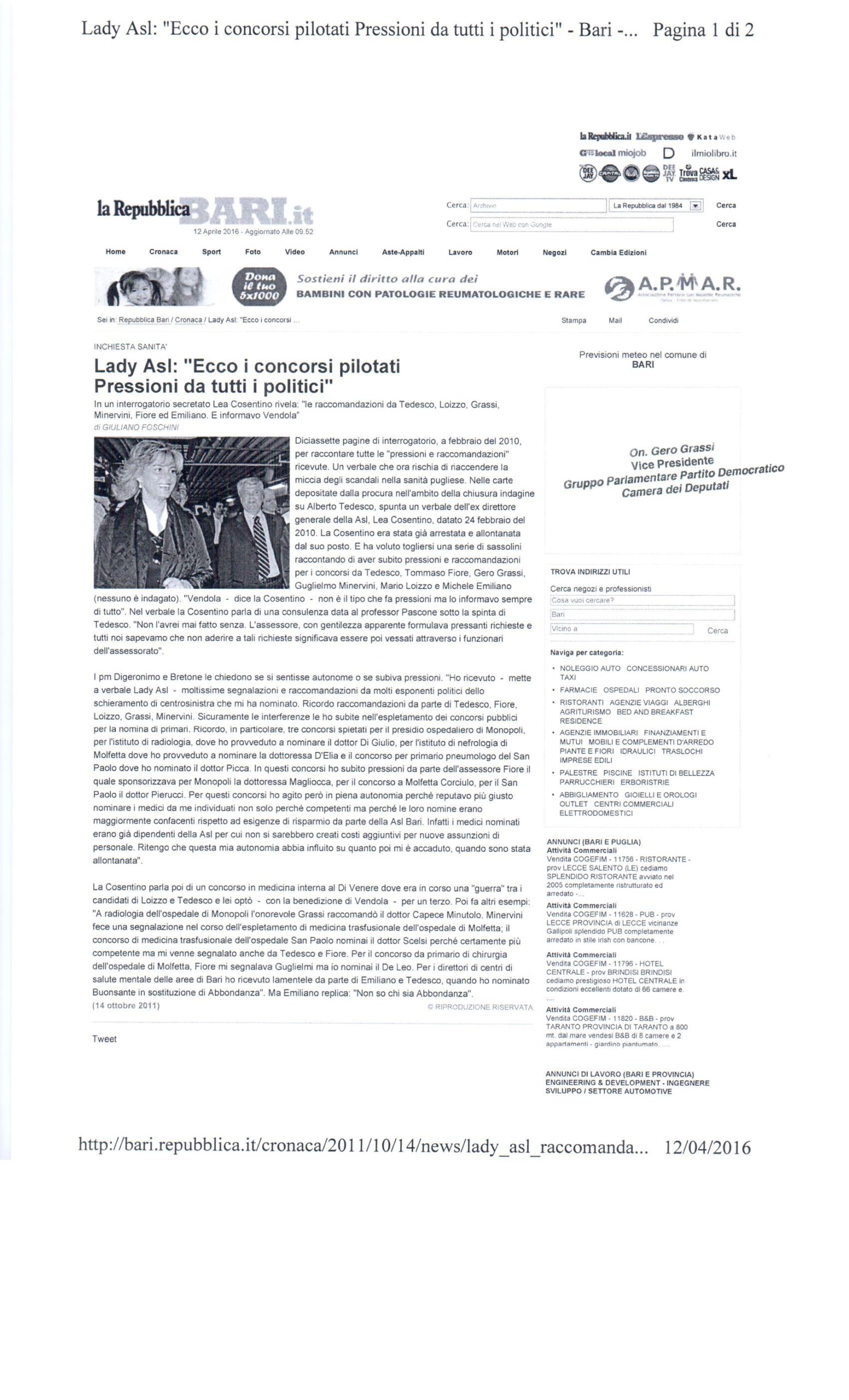 La Repubblica - Lady Asl: Ecco I Concorsi Pilotati.pressioni Da Tutti I Politici - Gero Grassi 2560_x_1554_jpg