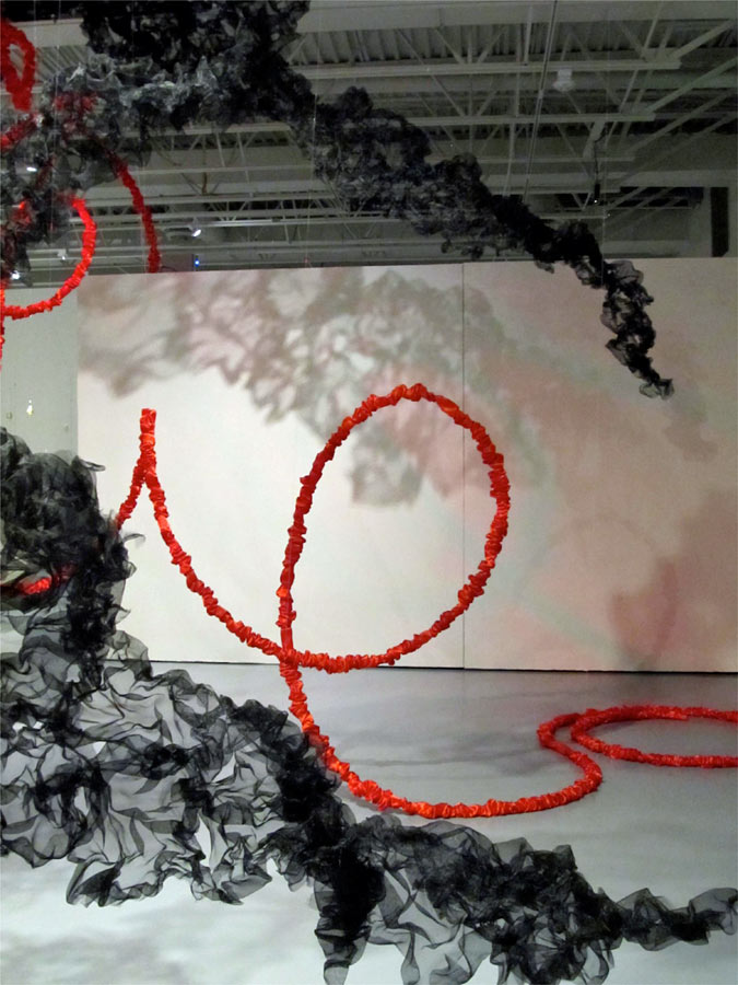 red satin and black mesh of Terra Ignis art installation by Gerri Sayler at Nicolaysen Art Museum