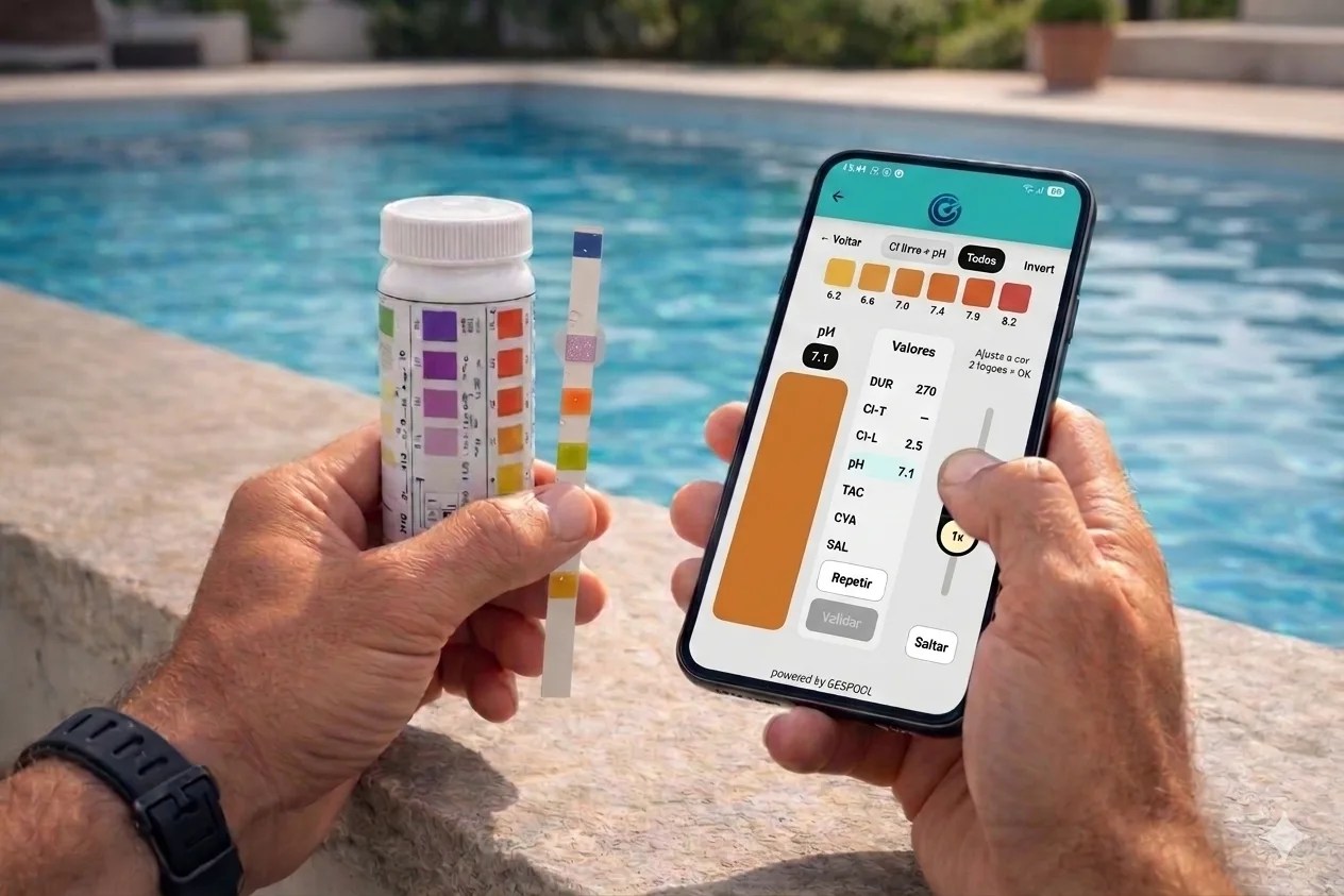Técnico a usar a GESPOOL App junto à piscina, com tiras de análise da água