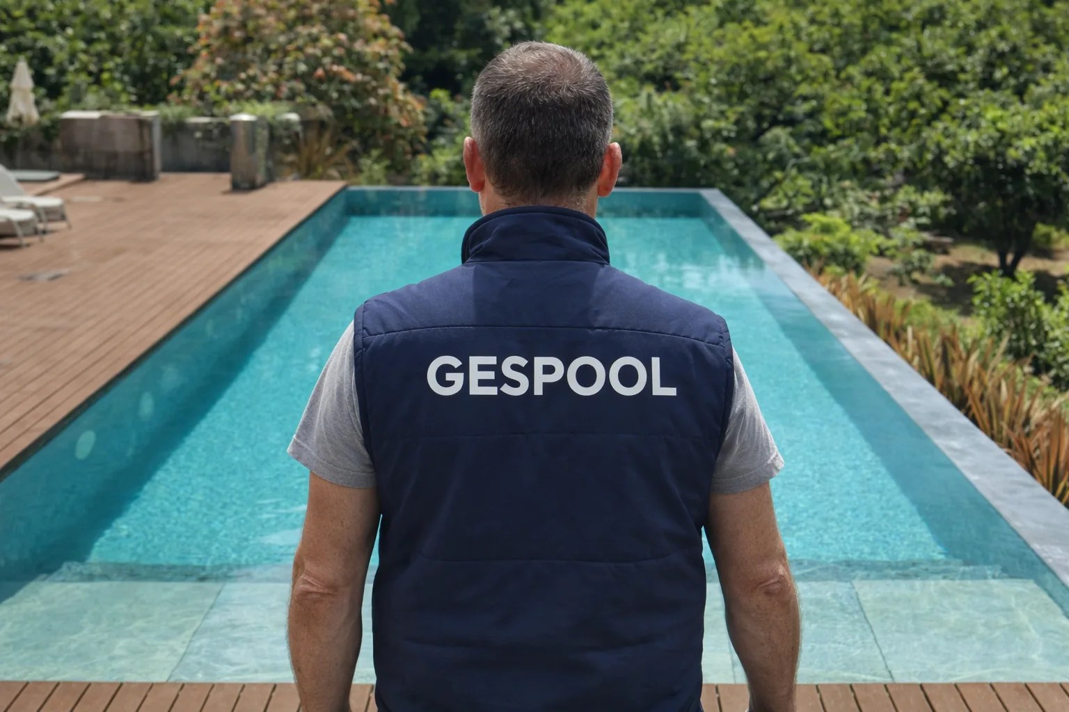 Técnico GESPOOL junto a uma piscina