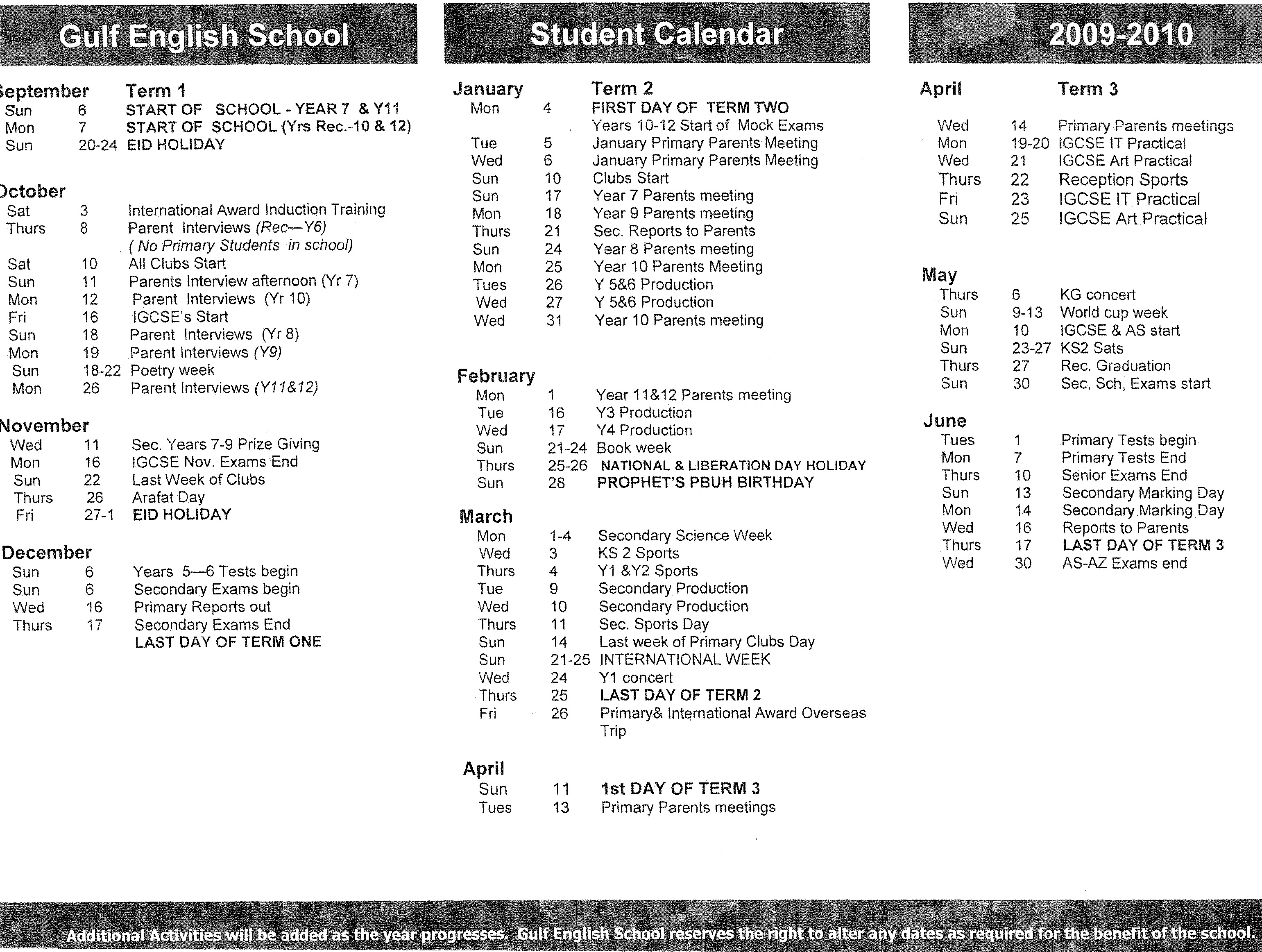Student Calendar GES Talk