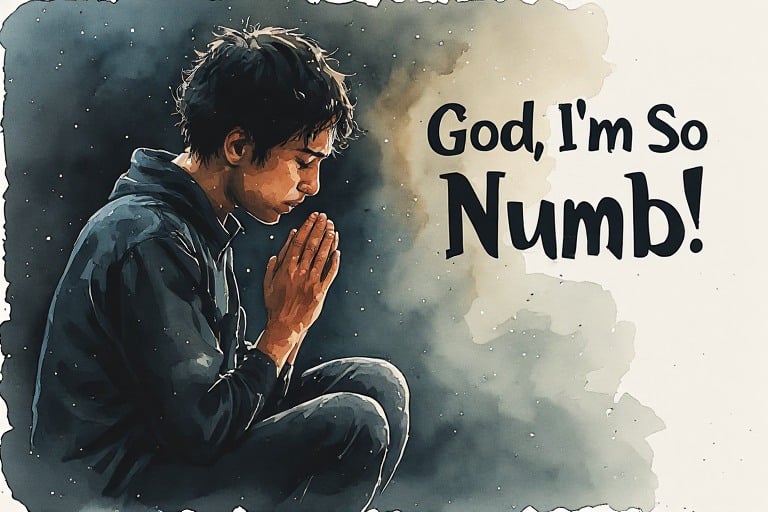 A person praying quietly while feeling emotionally in the dark. Overlay text: "God, I'm So Numb!", (watercolor), high resolution, intricate details, 4k, wallpaper, concept art, watercolor on textured paper.