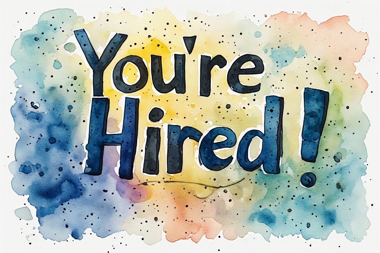 Abstract painting that says "You're Hired"