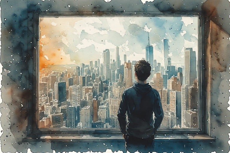 A person looking out at the world from his window