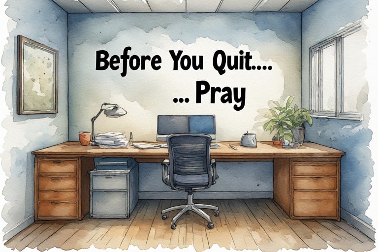 dark clouds with a large text overlay: Pray Before You Act: Before you quit, pray for the wisdom you need and then make a move if needed.