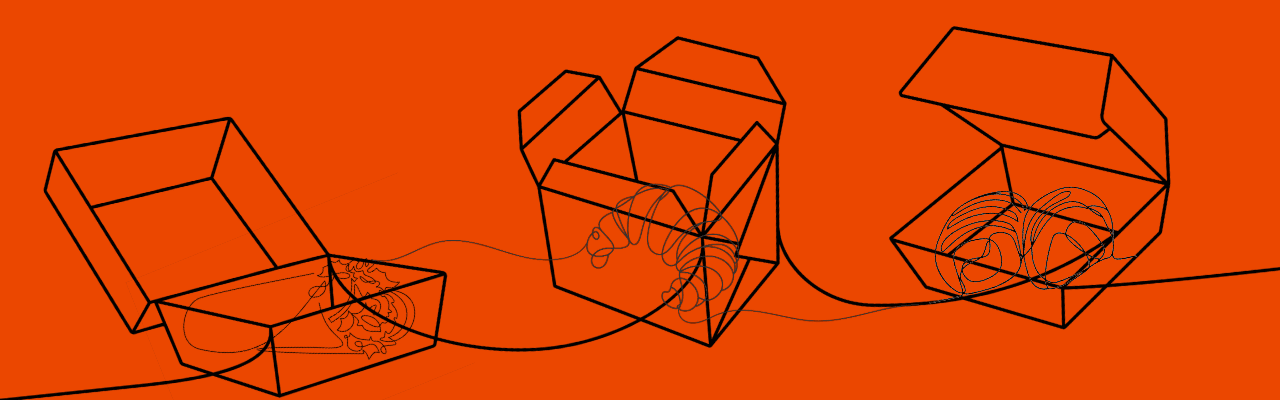 Three takeout boxes with line-drawn food inside, representing independent restaurants choosing an alternative to big delivery apps.
