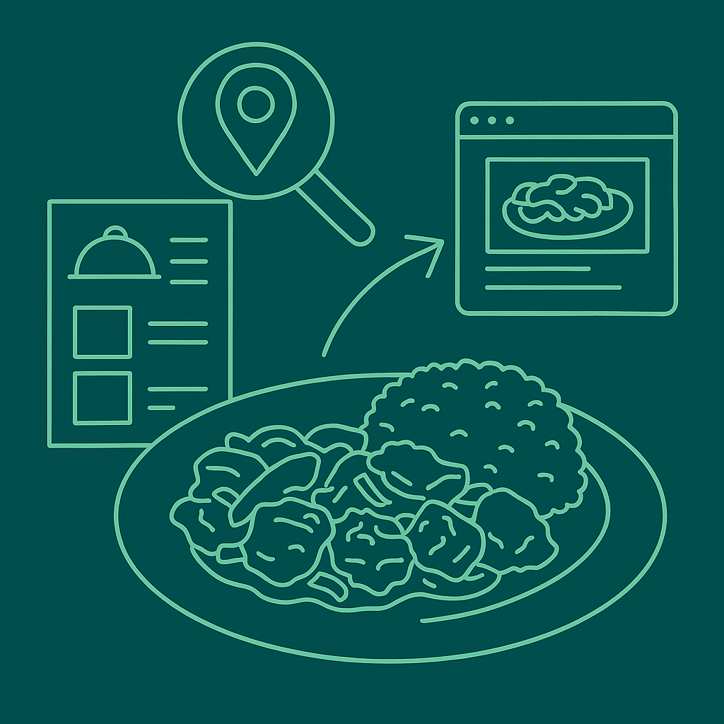 Line art illustration representing restaurant photo optimization, with a plate of food, a menu, a location pin, and a browser window in neon green on dark teal.
