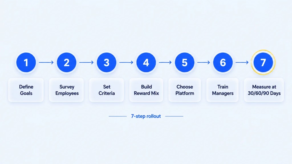 Seven-step flow diagram for building an employee rewards program