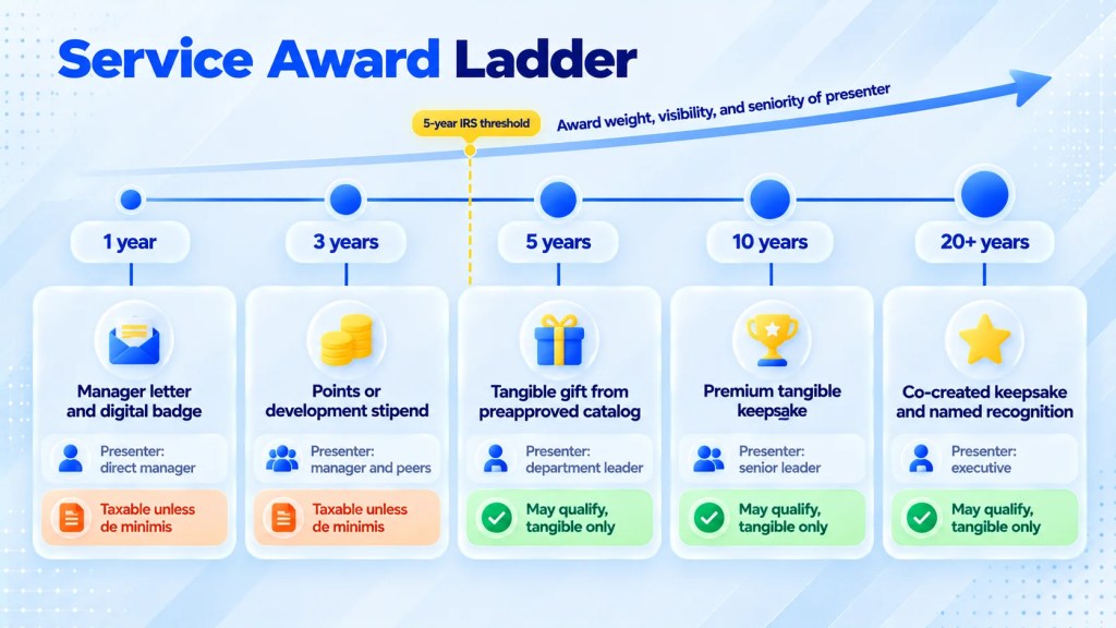Timeline of employee service awards at 1, 3, 5, 10, and 20-plus years with tax status