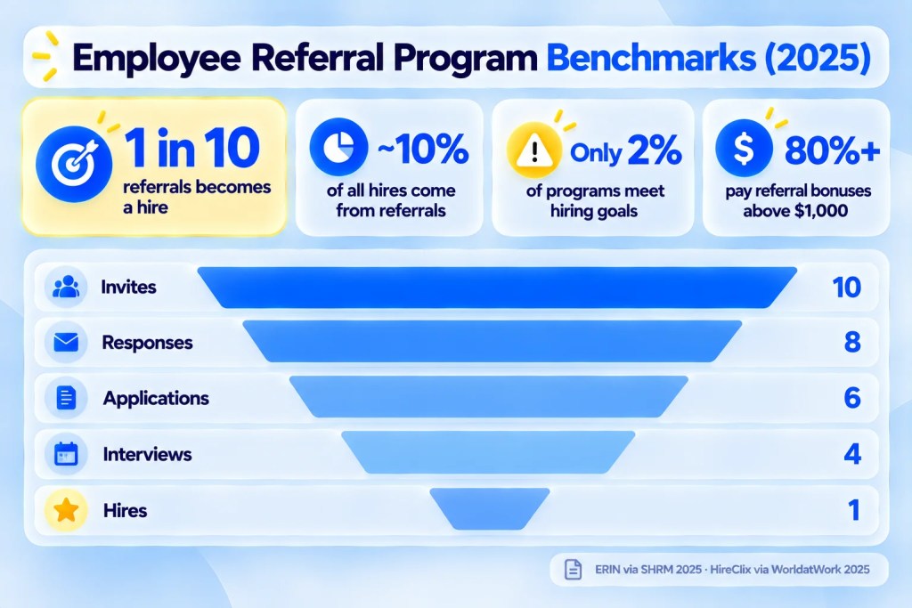 KPI dashboard of 2025 employee referral program benchmarks and referral funnel