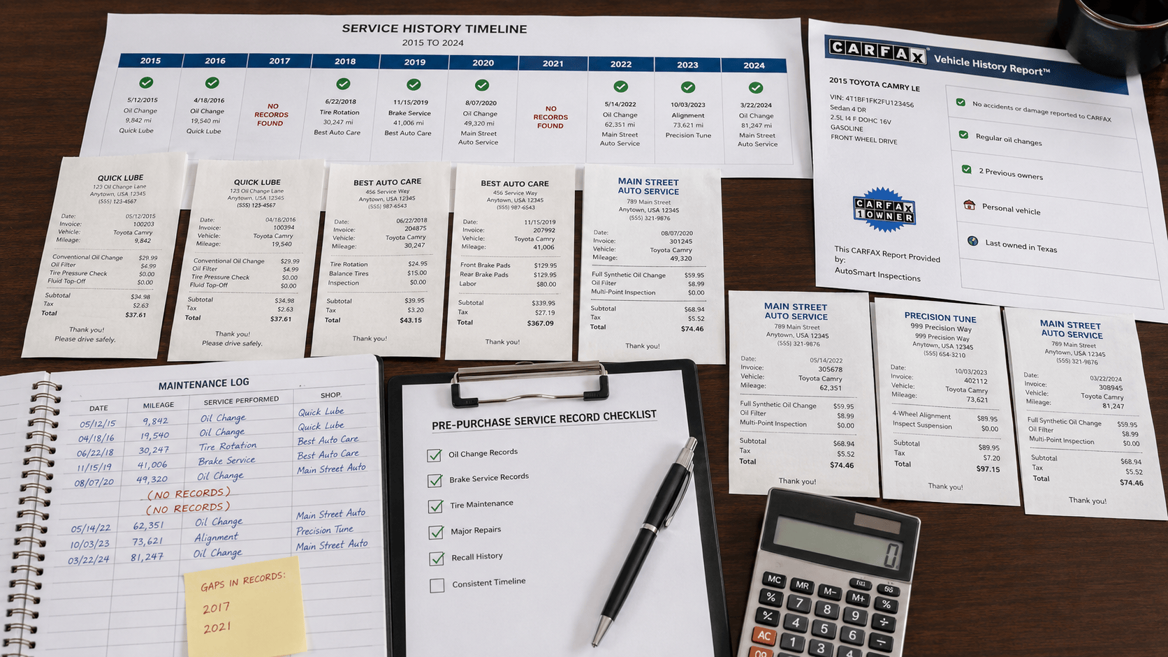 How to Read a Used Car Listing: 5 Red Flags 4 Service history documents including Carfax report, maintenance logs, and receipts showing gaps in record timeline