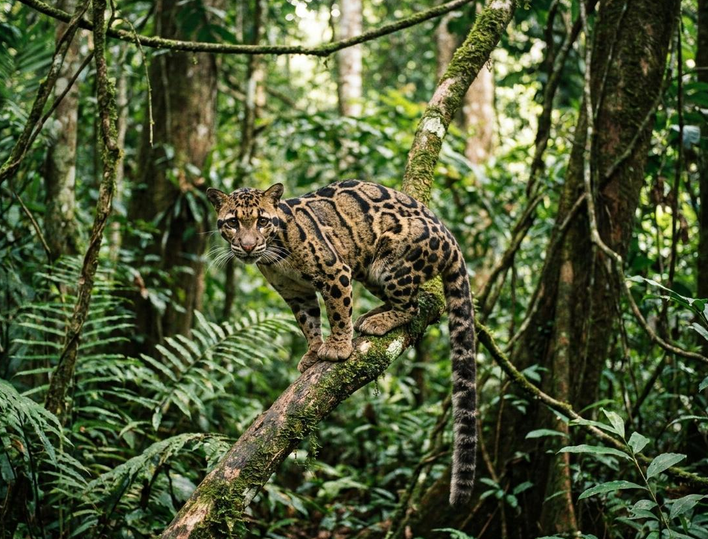 Clouded leopard moving through a dense Asian rainforest, highlighting its natural habitat and the threats caused by habitat loss and human activity.
