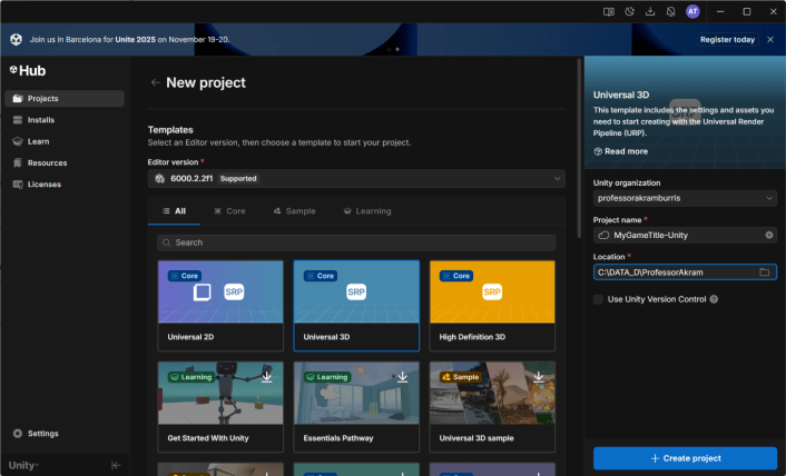 Unity Hub - New Unity (6.2) Project
