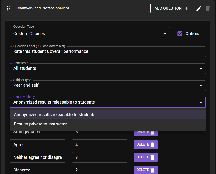 visibility selector Per-question results visibility selector