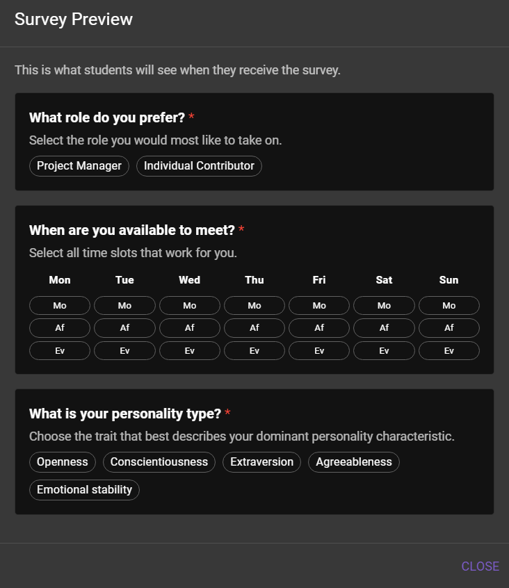 survey preview Team matching survey preview