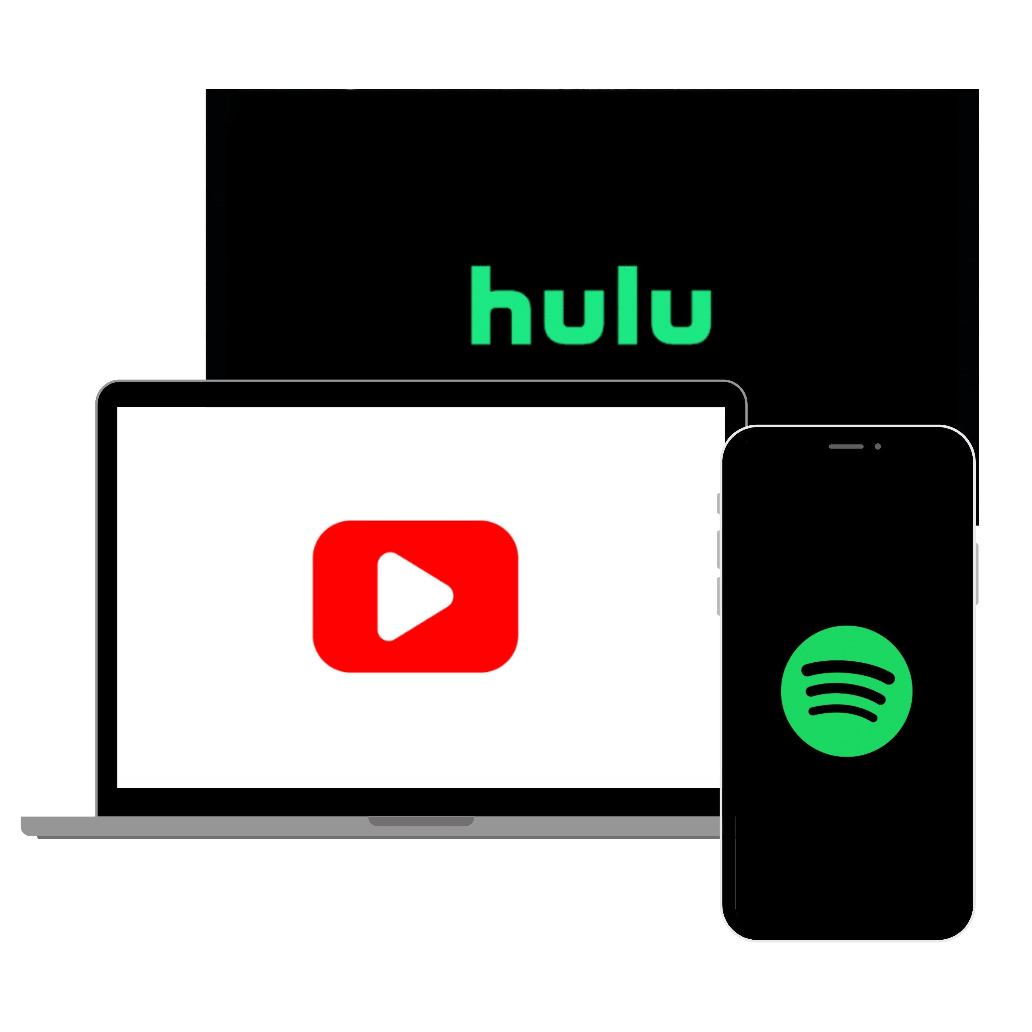 Hulu logo on a TV, YouTube logo on laptop, Spotify logo on phone