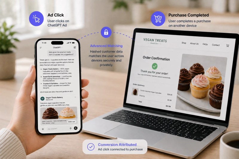 mockup showing how an ad on a phone can be measured even if they purchased on a laptop. ad for vegan bakery