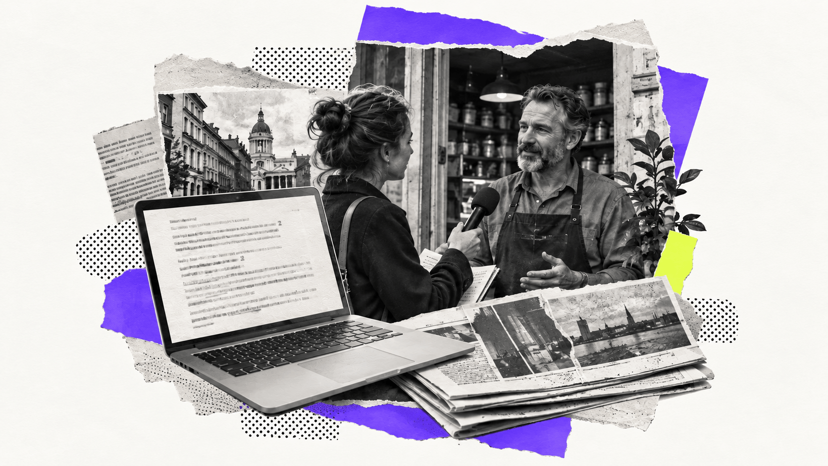 Black-and-white collage of a journalist interviewing a business owner, a laptop and newspaper clippings with violet and lime paper accents.