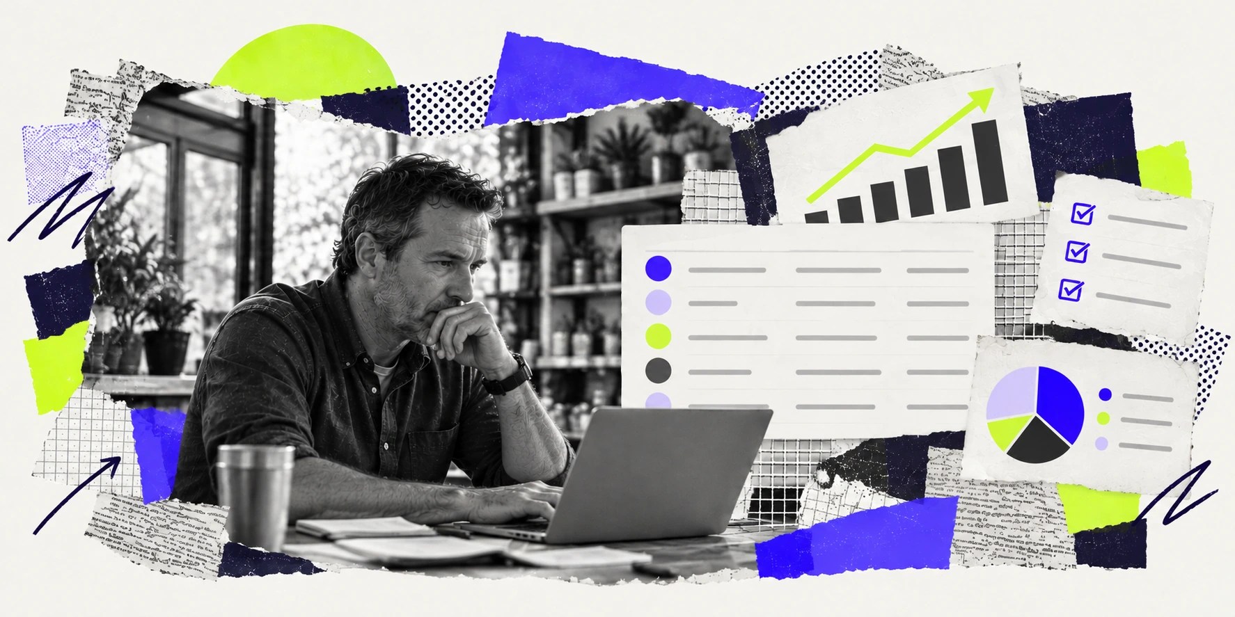 man looking at computer, collage of images