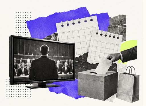 Black-and-white collage of a television, calendars, ballot box and shopping bag with violet paper accents.