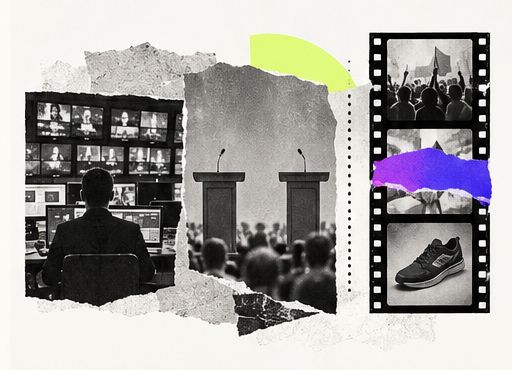Collage of newsroom monitors, debate podiums and a separate commercial filmstrip.