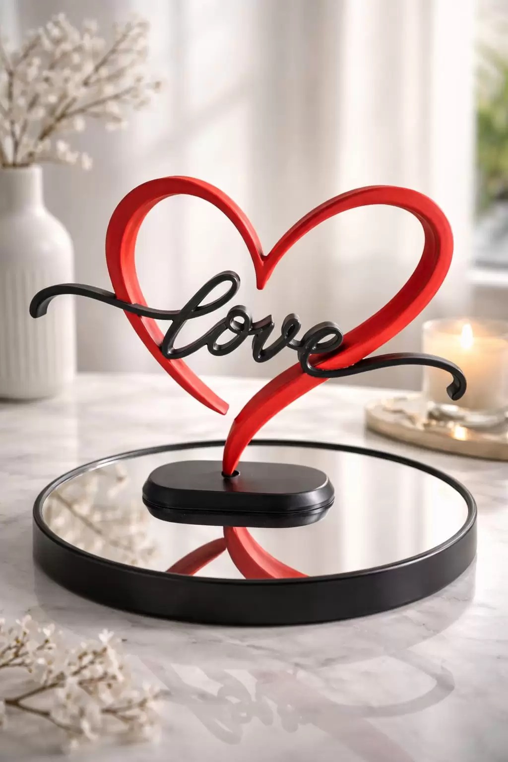 Romantic LOVE Sculpture – Red Heart & Black Script Decor Piece