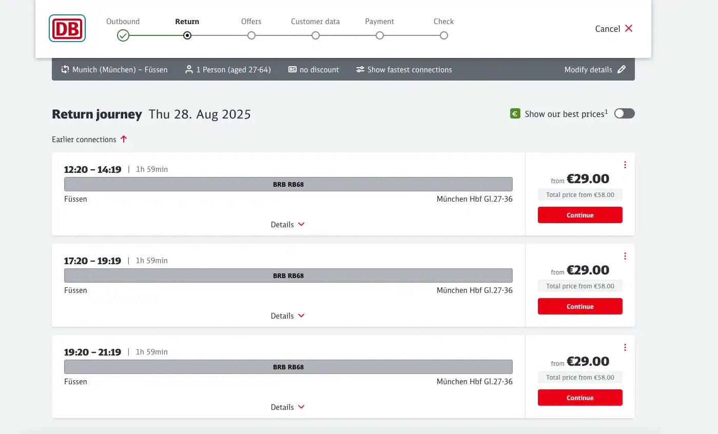 How to get to Neuschwanstein Castle, Train screenshot timetable return trip
