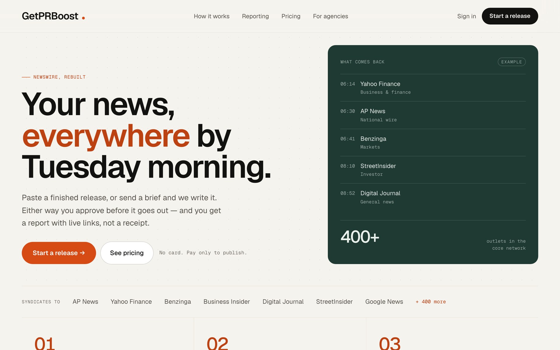Screenshot of the GetPRBoost homepage: Your news, everywhere by Tuesday morning