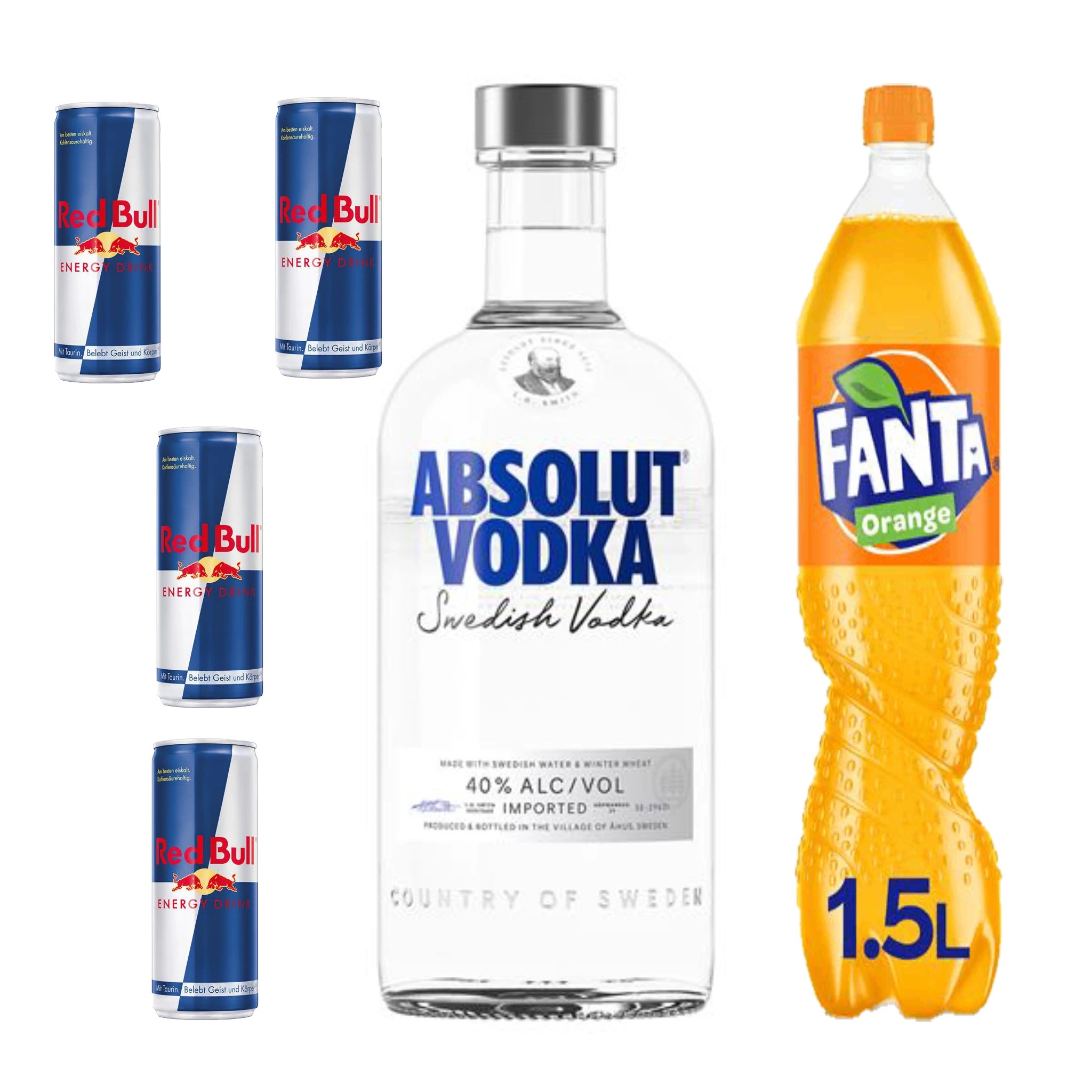 Absolut Vodka 0.7l mit 4 Redbull 1 Coca Cola oder Fanta 1.5l Getränke