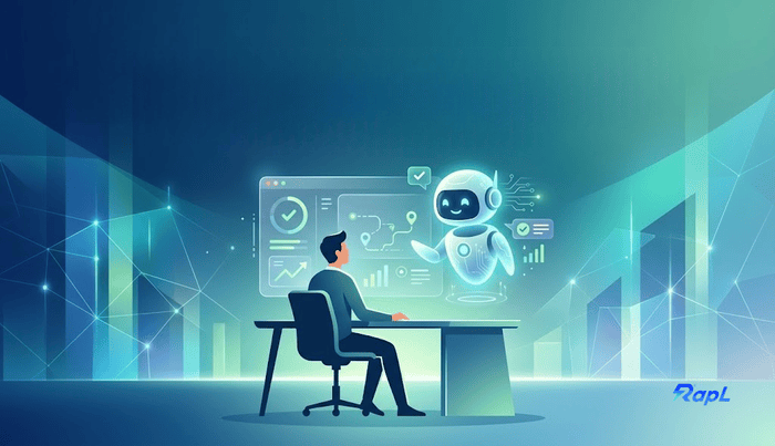 An illustrative banner with the bold title "AI COACHING: THE FUTURE OF WORKFORCE PERFORMANCE & CONTINUOUS LEARNING" above the subtitle "Empowering Employees, Accelerating Growth." Below the text, a professional sits at a desk facing a glowing interface that shows a structured learning path, while a friendly, holographic AI avatar assists with personalized guidance against a modern, turquoise gradient backdrop.