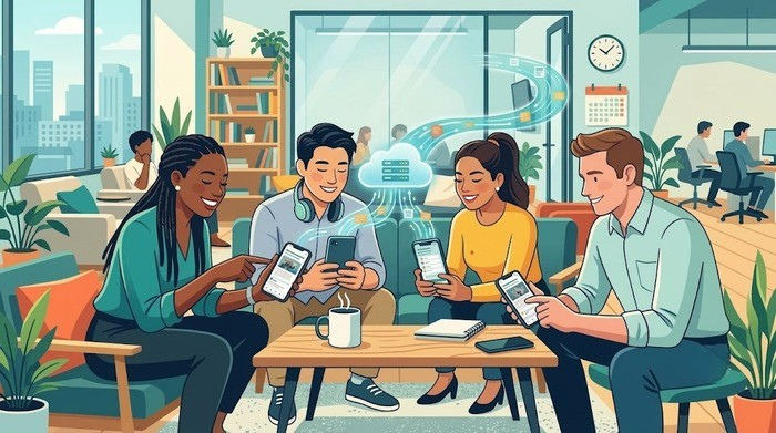 Diverse team of four office workers sitting together in a modern lounge area, engaging with short learning modules on their smartphones.