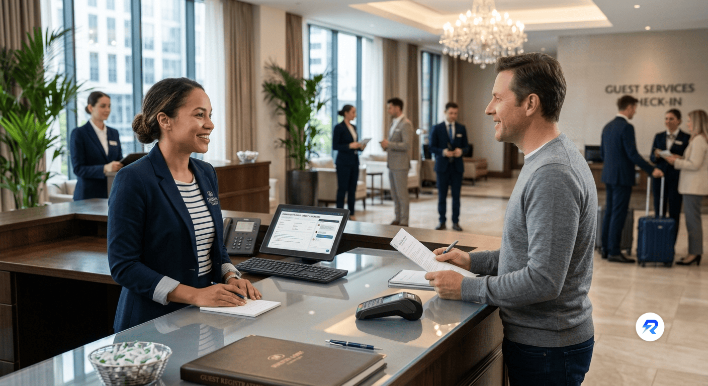 A welcoming female receptionist at a polished hotel front desk helps a male guest review some documents. The luxurious lobby is visible in the background, with other staff and guests.