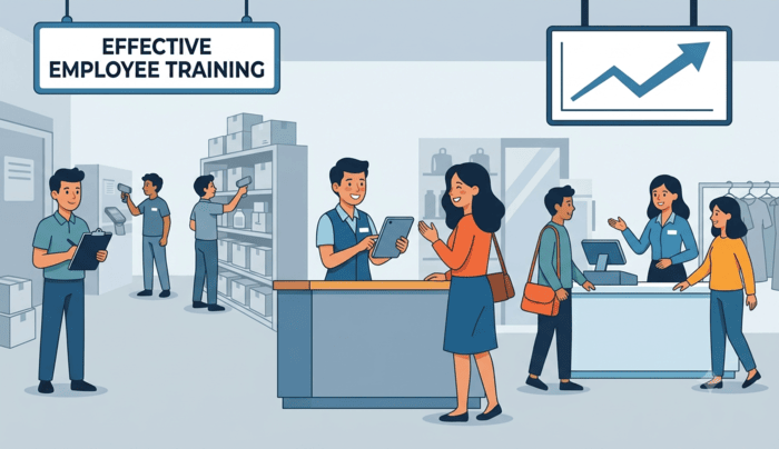 Minimalist vector illustration of a retail manager training two store employees using a tablet inside a modern shop.