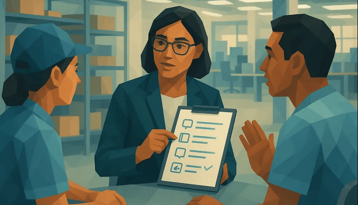 Illustration of a manager holding a checklist with speech-bubble and audio icons while talking with two warehouse employees about how they prefer to learn.