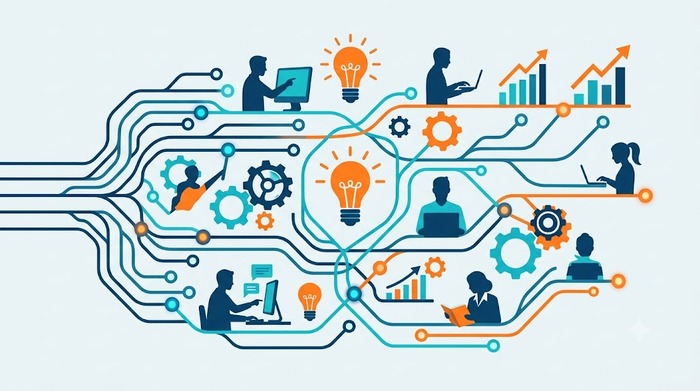 A flat vector illustration showing circuit lines connecting people working on laptops, gears, lightbulbs, and growth charts to represent adaptive learning and personalized employee training.