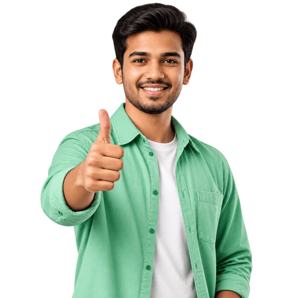 Young man giving a thumbs-up for interview preparation and career success