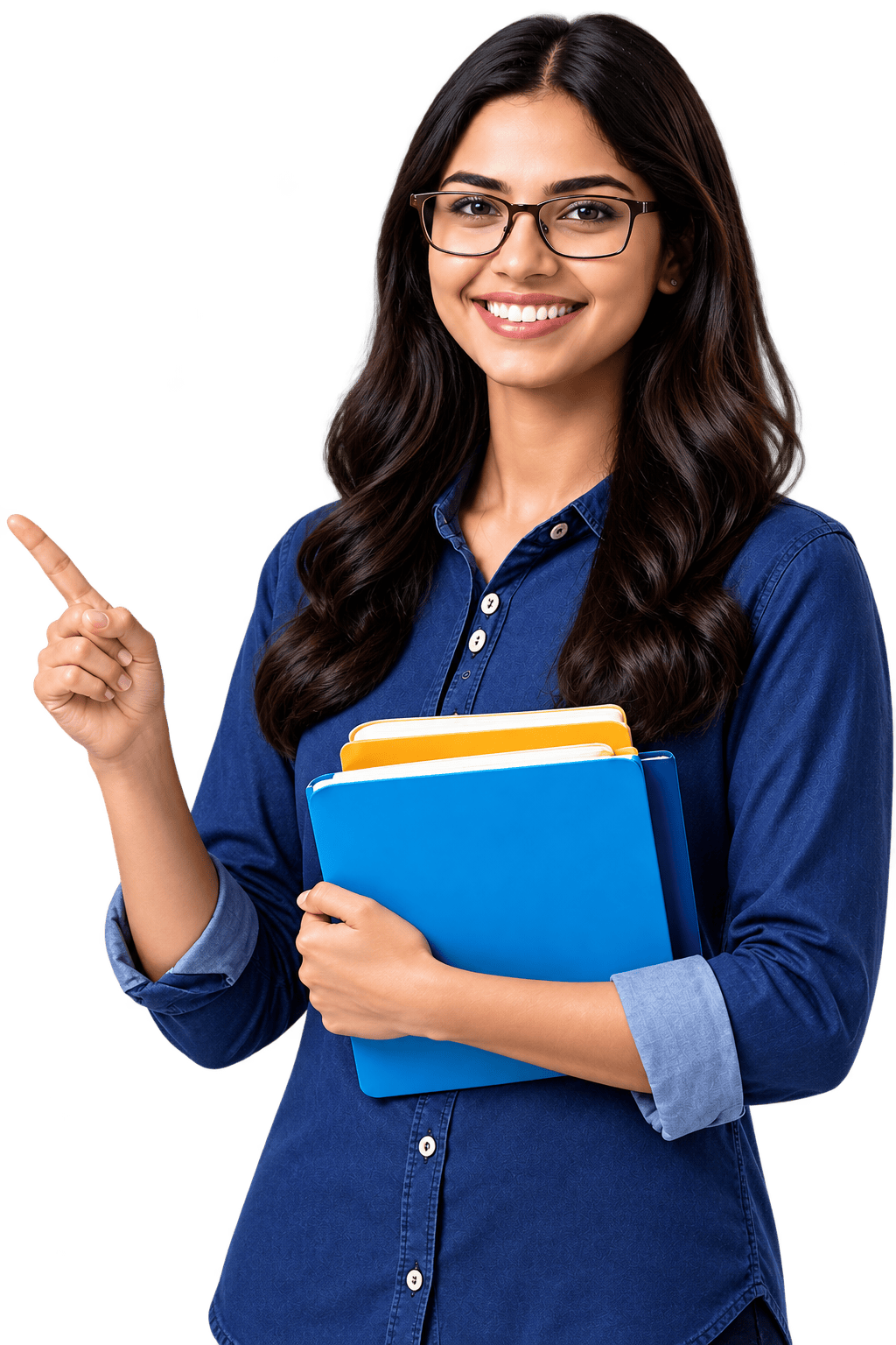 Smiling female student with glasses holding books for skill development and learning