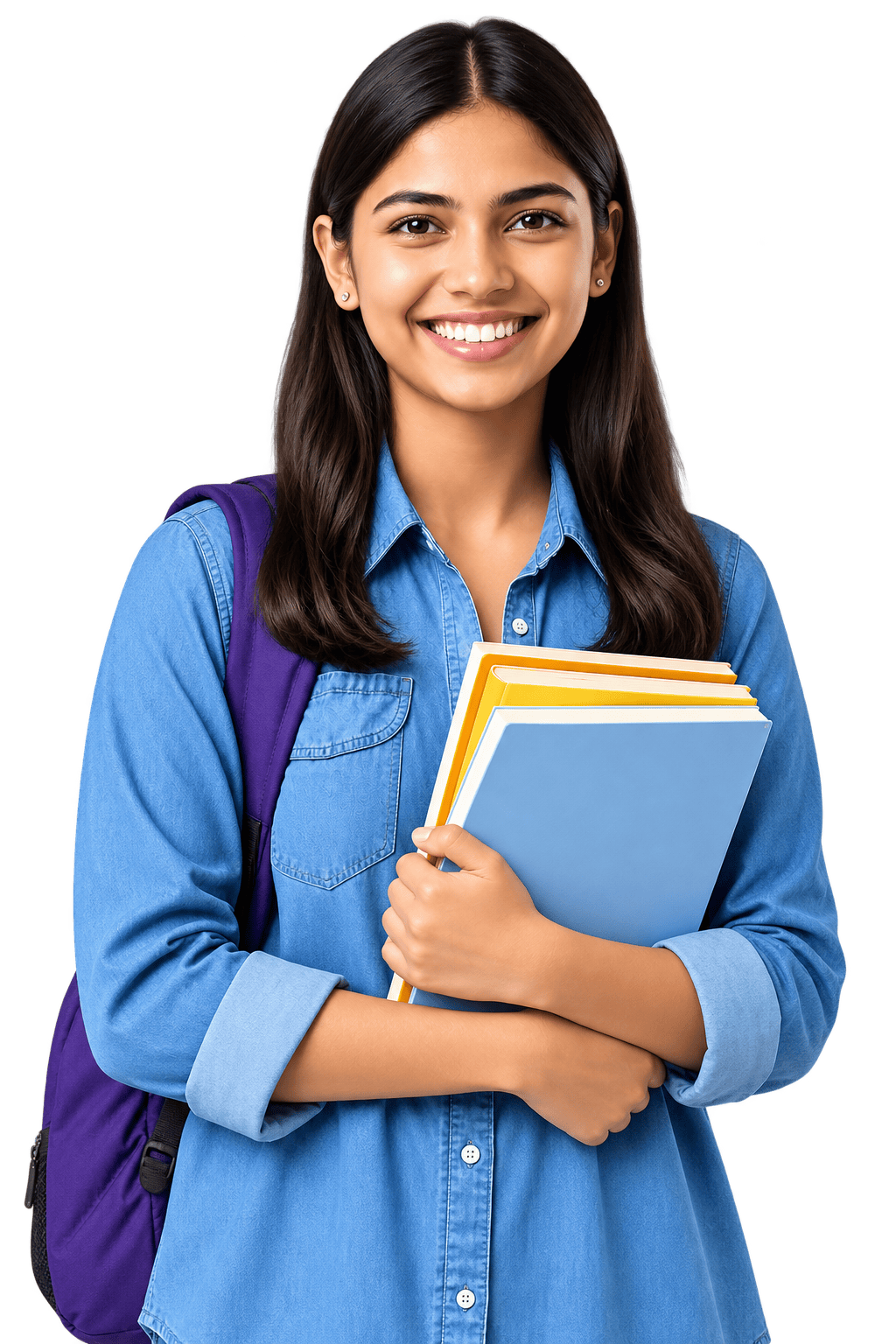 Smiling female student holding books with backpack