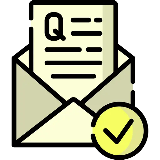 An envelope with a letter marked with 'Q' and a yellow checkmark.