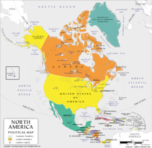 Labeled Map Of North America With Countries Capitals Rivers North America Labeled Map 300x292 