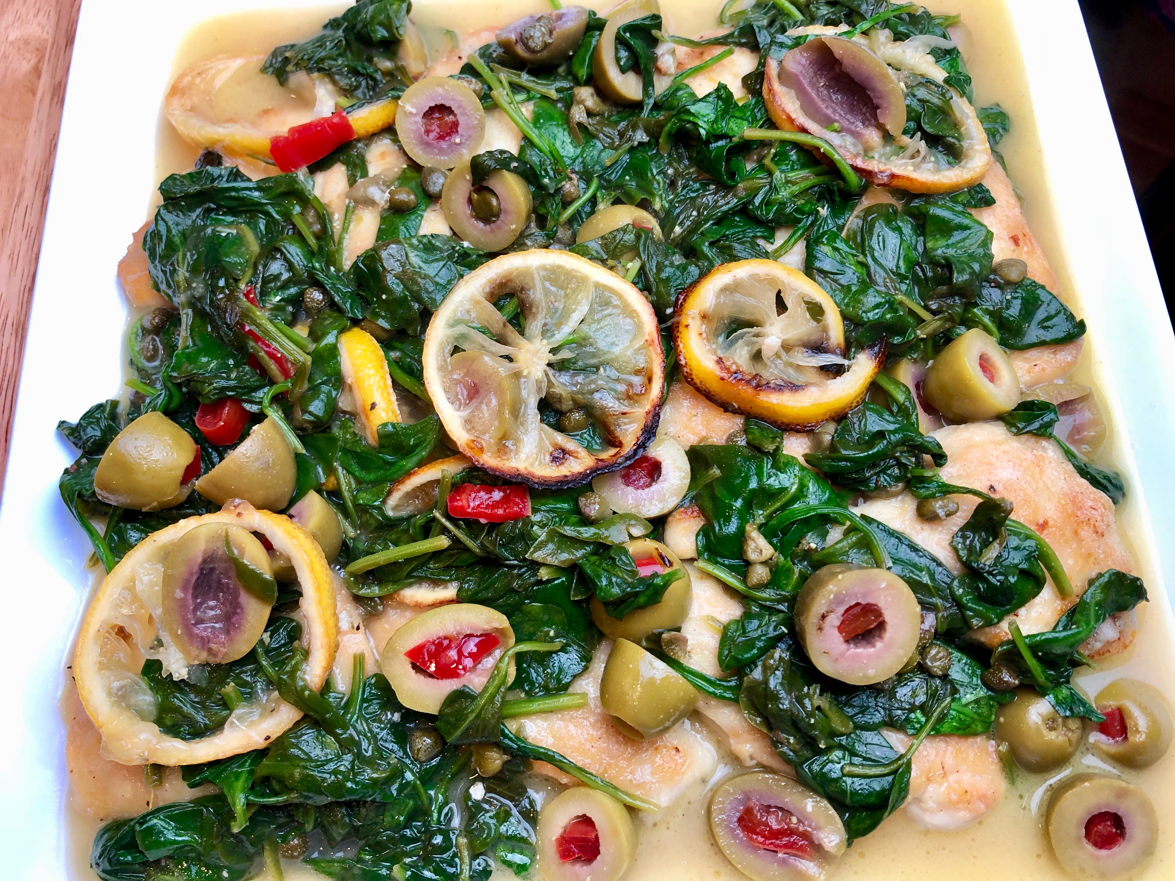 Chicken with Roasted Lemons, Olives, Capers and Spinach