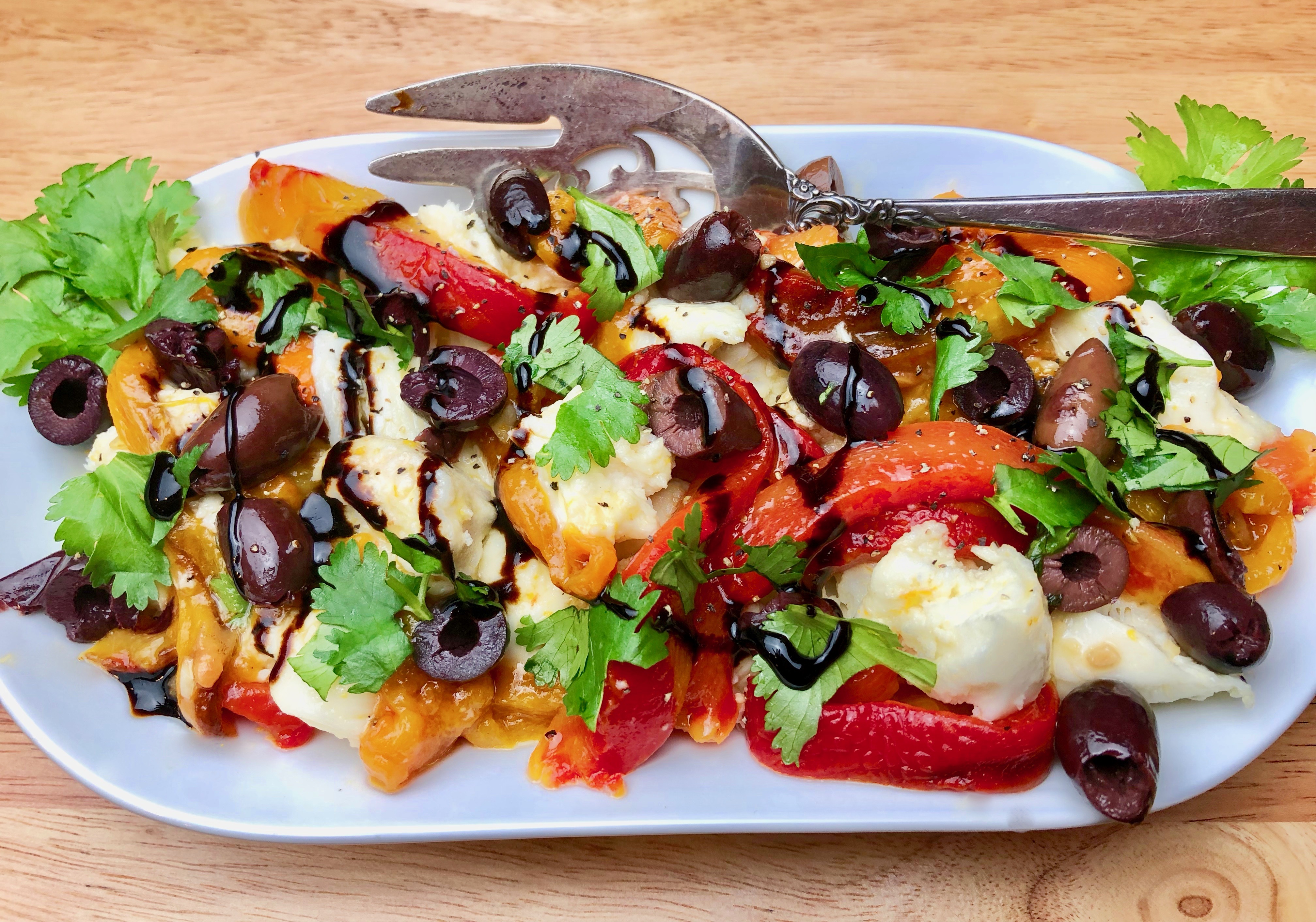 Fresh Mozzarella with Roasted Peppers and Olives