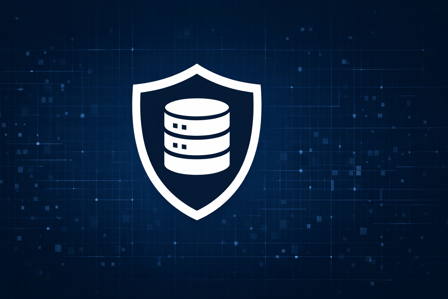 Shield icon protecting database server on dark blue digital background