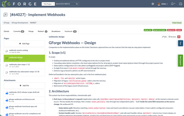 A real ticket Notebook page titled 'GForge Webhooks — Design' with Scope and Architecture sections, code-formatted technical detail, 10 versioned pages, and several attached design documents