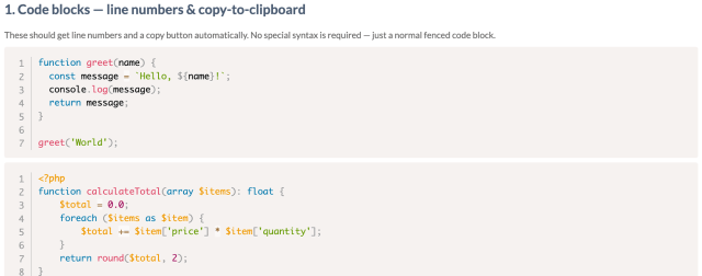 Syntax-highlighted code blocks on a GForge wiki page with line numbers and a copy button