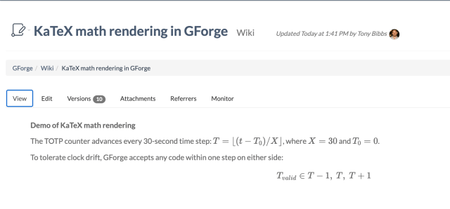 Inline and display-mode KaTeX math rendering on a wiki page